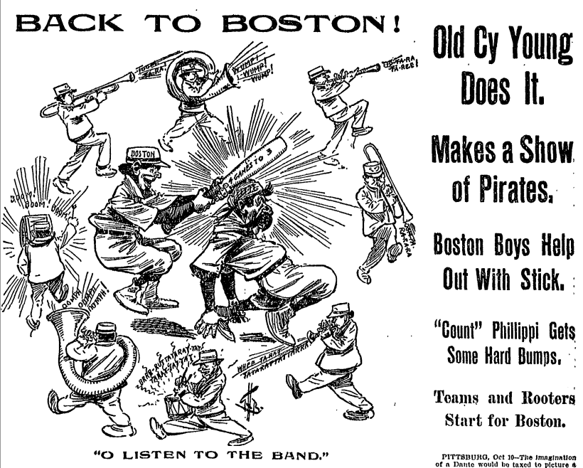 O [Say Can You] Listen to the Band? — Graphic from front page of Oct. 11, 1903 Boston Globe newspaper announcing the team's victory and celebrating the role of the band and its music in their success.