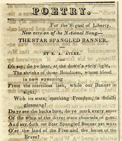 Verse 1 of E. A. Atlee's Star-Spangled Banner anti-slavery lyric labeled 'A New National Anthem' (Signal of Liberty, July 22, 1844, p. 1)